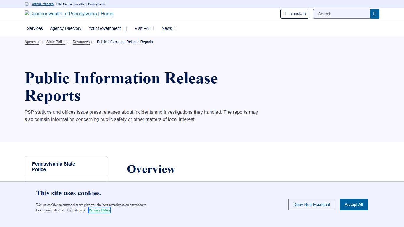 Public Information Release Reports State Police Commonwealth of Pennsylvania