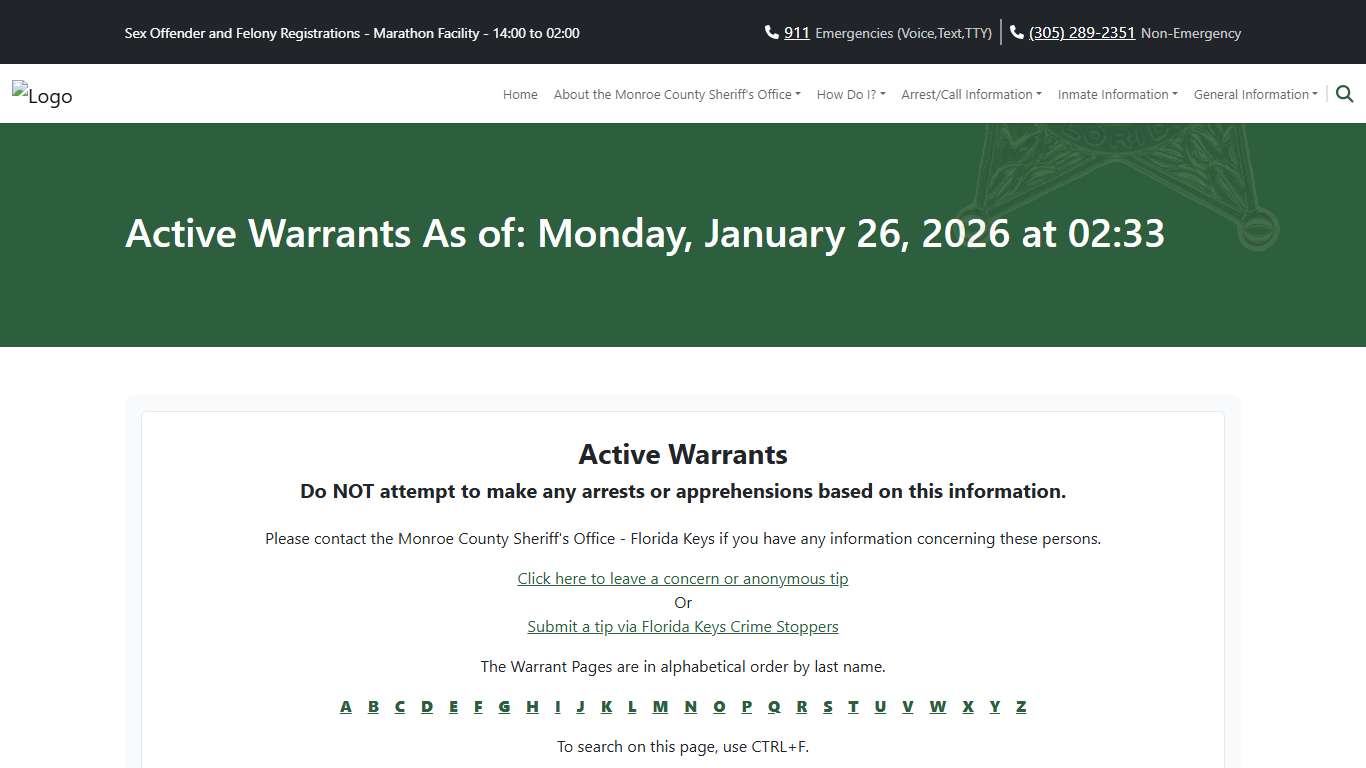 Active Warrants As of: Sunday, January 25, 2026 at 02:31